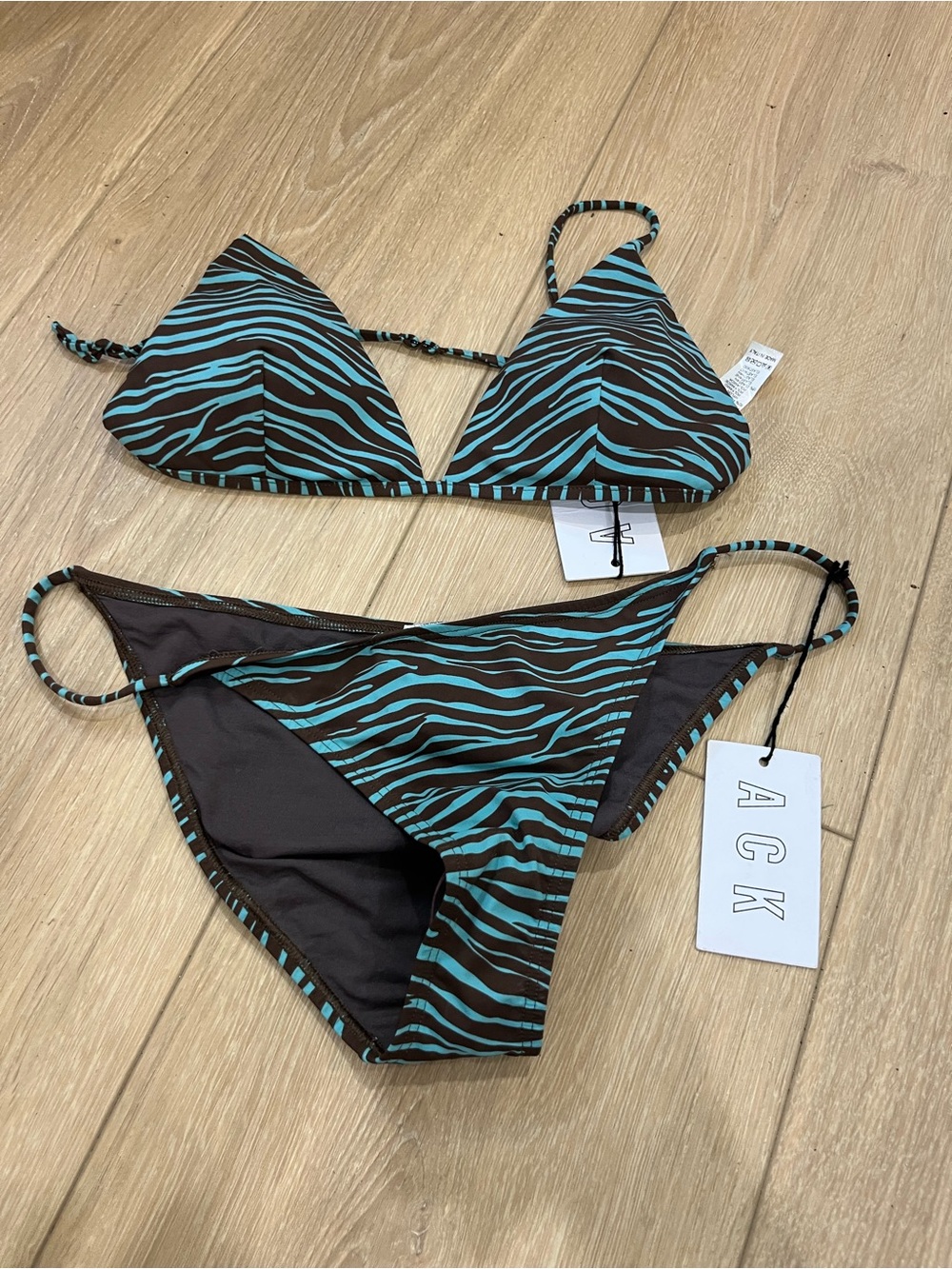 Women's Teal Zebra Triangle Bikini ACK Tigre Blue Brown Size L Top Bottom